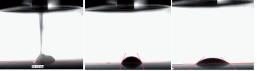Figure 3. High speed camera enables to measure the initial pico¬liter drop contact angle right after the drop hits the surface and then the fast spreading and absorption phenomena.