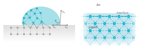 Figure 1. Forces at an interface originate from the fact that the molecules interact differently with surrounding molecules at the interface than those in the bulk.